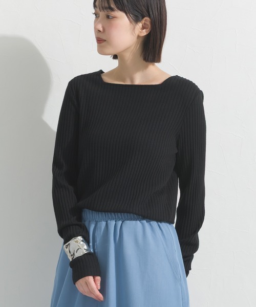 OMNES（オムネス）の「テレコスクエアネック長袖トップス（Tシャツ/カットソー・レディース・グレー/ブラック/ホワイト/ベージュ・FREE）」の3枚目の写真