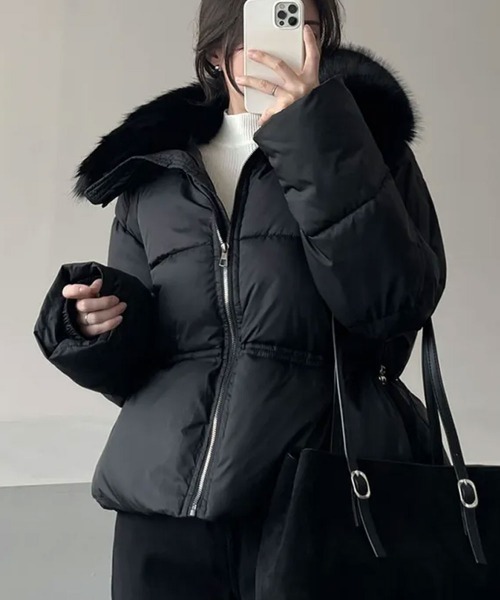 セール】ファー付き ウエストシェイプ 中綿ダウンジャケット（ダウン