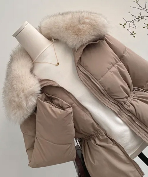 セール】ファー付き ウエストシェイプ 中綿ダウンジャケット（ダウン