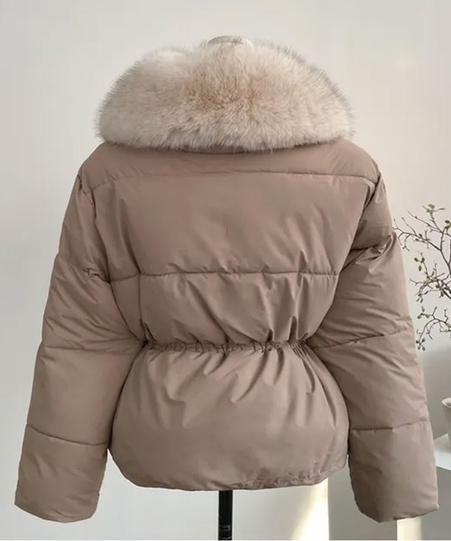 ウエスト調節可能 ワンピース 新品 秋冬 中綿 ジャケット　ベージュ サイズL セール】ファー付き ウエストシェイプ 中綿ダウンジャケット（ダウン