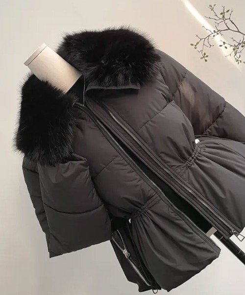 セール】ファー付き ウエストシェイプ 中綿ダウンジャケット（ダウン