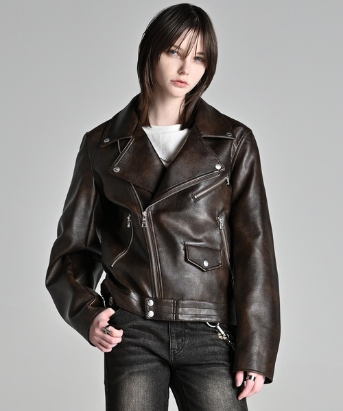 ADRER（アドラー）の「Cropped Double Riders Jacket / クロップド・ダブル・ライダース・ジャケット（ブルゾン・メンズ・ブラック/ブラウン・M/S/XS/L）」の2枚目の写真