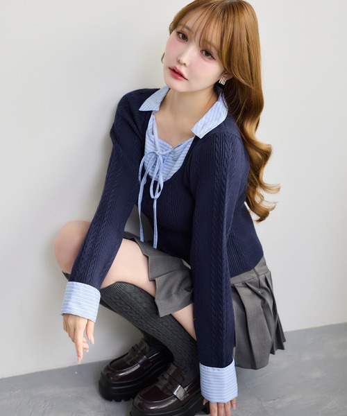 one after another NICE CLAUP（ワンアフターアナザーナイスクラップ）の「シャツドッキングレイヤードニット（ニット/セーター・レディース・ホワイト×ブルー/イエロー系その他/グレー×ピンク/ネイビー系・FREE）」の3枚目の写真