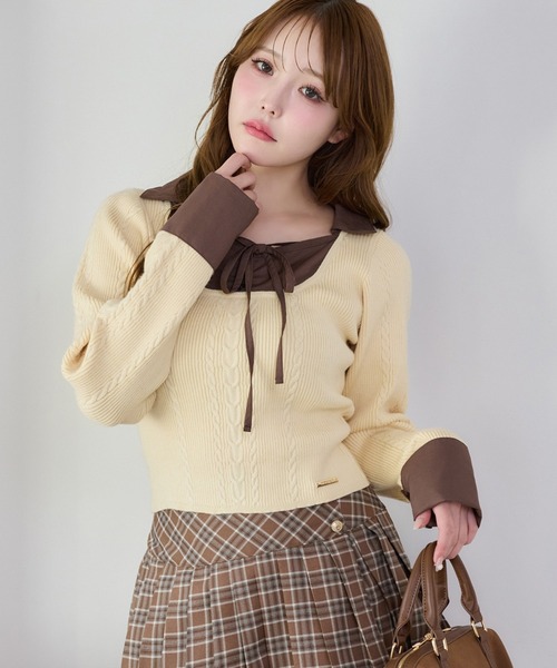 one after another NICE CLAUP（ワンアフターアナザーナイスクラップ）の「シャツドッキングレイヤードニット（ニット/セーター・レディース・ホワイト×ブルー/イエロー系その他/グレー×ピンク/ネイビー系・FREE）」の4枚目の写真