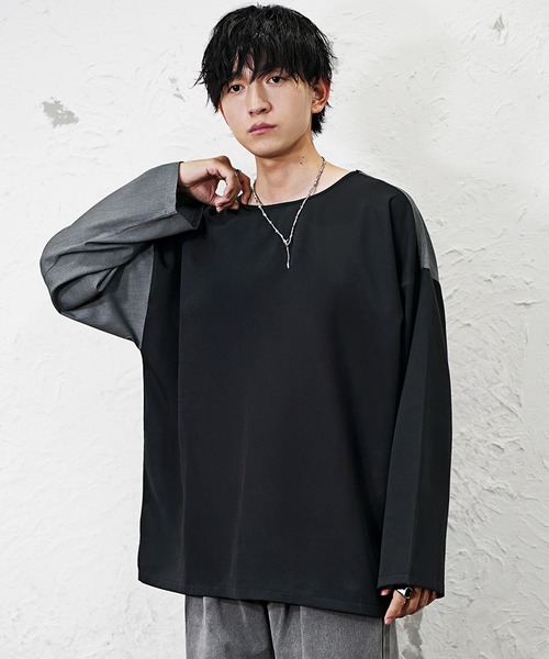 MinoriTY(マイノリティ)の「【MinoriTY】バイカラー切り替えスーパービッグロングTシャツ 長袖ロンT カットソー オーバーサイズ ルーズフィット メンズ 春服(Tシャツ/カットソー・メンズ・ネイビー系2/ネイビー系1/ブラック系1/グレー系1・M/L/S)」の2枚目の写真