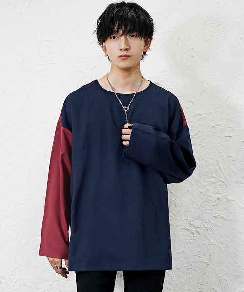 MinoriTY(マイノリティ)の「【MinoriTY】バイカラー切り替えスーパービッグロングTシャツ 長袖ロンT カットソー オーバーサイズ ルーズフィット メンズ 春服(Tシャツ/カットソー・メンズ・ネイビー系2/ネイビー系1/ブラック系1/グレー系1・M/L/S)」の5枚目の写真