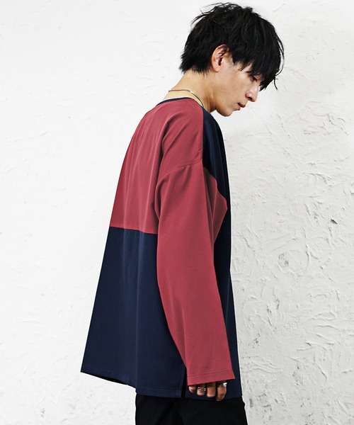 MinoriTY(マイノリティ)の「【MinoriTY】バイカラー切り替えスーパービッグロングTシャツ 長袖ロンT カットソー オーバーサイズ ルーズフィット メンズ 春服(Tシャツ/カットソー・メンズ・ネイビー系2/ネイビー系1/ブラック系1/グレー系1・M/L/S)」の6枚目の写真