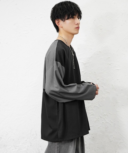 MinoriTY(マイノリティ)の「【MinoriTY】バイカラー切り替えスーパービッグロングTシャツ 長袖ロンT カットソー オーバーサイズ ルーズフィット メンズ 春服(Tシャツ/カットソー・メンズ・ネイビー系2/ネイビー系1/ブラック系1/グレー系1・M/L/S)」の10枚目の写真