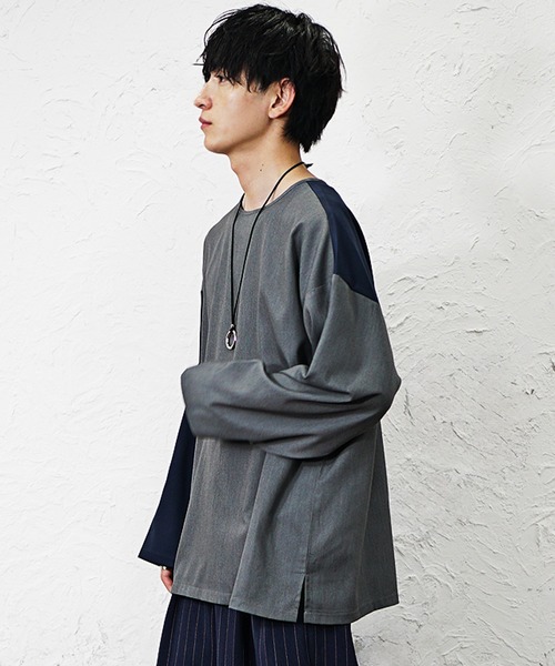 MinoriTY(マイノリティ)の「【MinoriTY】バイカラー切り替えスーパービッグロングTシャツ 長袖ロンT カットソー オーバーサイズ ルーズフィット メンズ 春服(Tシャツ/カットソー・メンズ・ネイビー系2/ネイビー系1/ブラック系1/グレー系1・M/L/S)」の13枚目の写真