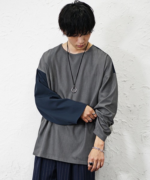 MinoriTY(マイノリティ)の「【MinoriTY】バイカラー切り替えスーパービッグロングTシャツ 長袖ロンT カットソー オーバーサイズ ルーズフィット メンズ 春服(Tシャツ/カットソー・メンズ・ネイビー系2/ネイビー系1/ブラック系1/グレー系1・M/L/S)」の14枚目の写真