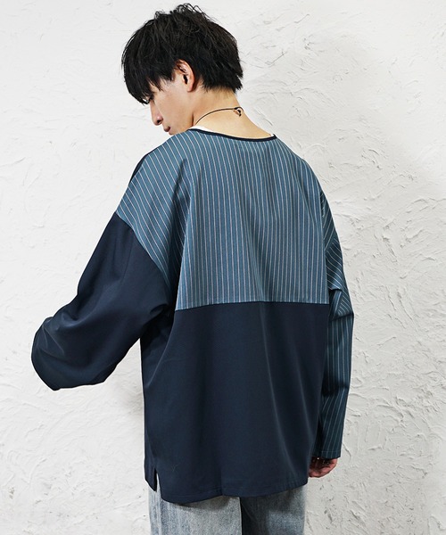 MinoriTY(マイノリティ)の「【MinoriTY】バイカラー切り替えスーパービッグロングTシャツ 長袖ロンT カットソー オーバーサイズ ルーズフィット メンズ 春服(Tシャツ/カットソー・メンズ・ネイビー系2/ネイビー系1/ブラック系1/グレー系1・M/L/S)」の18枚目の写真