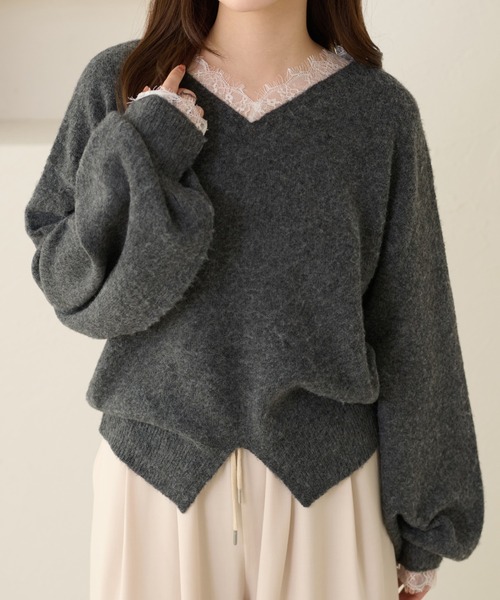apres jour clair(アプレジュールクレア)の「【apres jour clair】【前後2WAY】レースドッキングニット(ニット/セーター・レディース・チャコールグレー/ブラウン系その他/アイボリー・フリー/X-LARGE)」の2枚目の写真