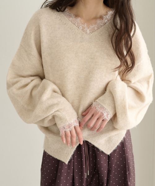apres jour clair(アプレジュールクレア)の「【apres jour clair】【前後2WAY】レースドッキングニット(ニット/セーター・レディース・チャコールグレー/ブラウン系その他/アイボリー・フリー/X-LARGE)」の1枚目の写真