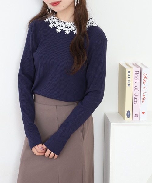 Quelle Chance(ケルシャンス)の「花レース付ハイネックプルオーバー 長袖(Tシャツ/カットソー・レディース・ネイビー/オフホワイト/杢グレー・M/L)」の11枚目の写真
