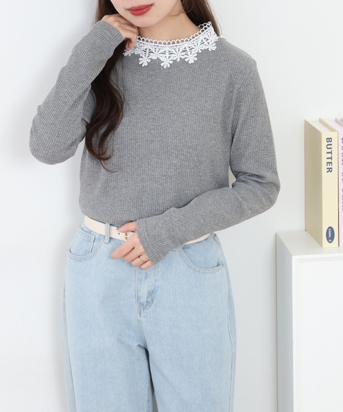 Quelle Chance(ケルシャンス)の「花レース付ハイネックプルオーバー 長袖(Tシャツ/カットソー・レディース・ネイビー/オフホワイト/杢グレー・M/L)」の12枚目の写真