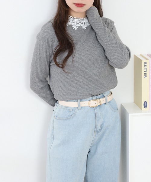 Quelle Chance(ケルシャンス)の「花レース付ハイネックプルオーバー 長袖(Tシャツ/カットソー・レディース・ネイビー/オフホワイト/杢グレー・M/L)」の14枚目の写真