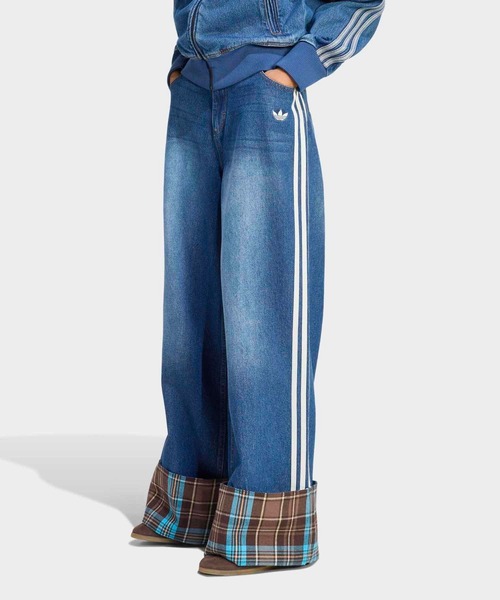 チェック シーム付きビンテージ ワイド レッグ ジーンズ / アディダス