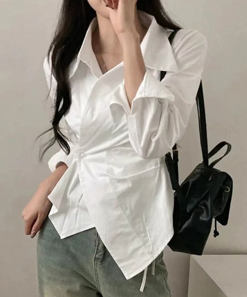 Miniministore(ミニミニストア)の「長袖ラップブラウス カシュクール春服秋服(シャツ/ブラウス・レディース・ホワイト/ブルー・M/L)」の2枚目の写真