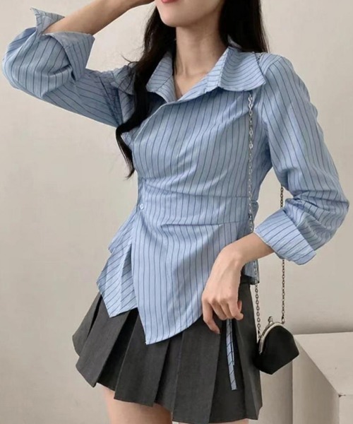 Miniministore(ミニミニストア)の「長袖ラップブラウス カシュクール春服秋服(シャツ/ブラウス・レディース・ホワイト/ブルー・M/L)」の3枚目の写真