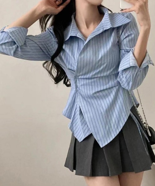 Miniministore(ミニミニストア)の「長袖ラップブラウス カシュクール春服秋服(シャツ/ブラウス・レディース・ホワイト/ブルー・M/L)」の4枚目の写真