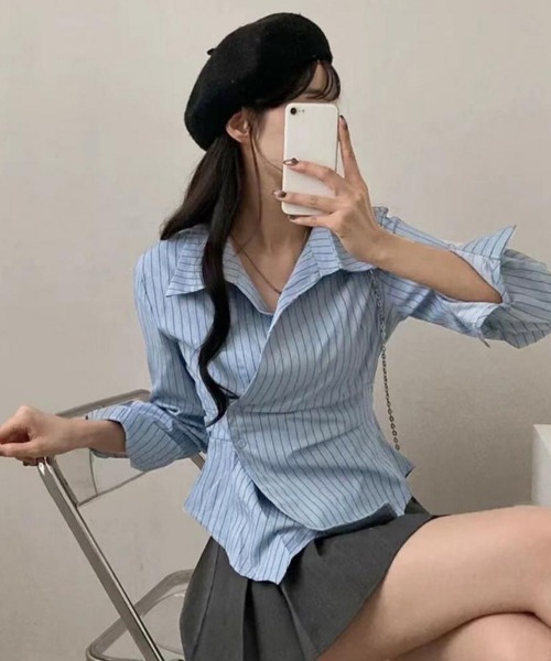Miniministore(ミニミニストア)の「長袖ラップブラウス カシュクール春服秋服(シャツ/ブラウス・レディース・ホワイト/ブルー・M/L)」の6枚目の写真