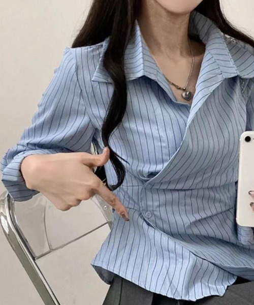 Miniministore(ミニミニストア)の「長袖ラップブラウス カシュクール春服秋服(シャツ/ブラウス・レディース・ホワイト/ブルー・M/L)」の7枚目の写真