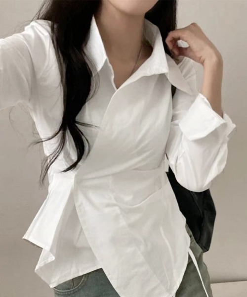 Miniministore(ミニミニストア)の「長袖ラップブラウス カシュクール春服秋服(シャツ/ブラウス・レディース・ホワイト/ブルー・M/L)」の8枚目の写真