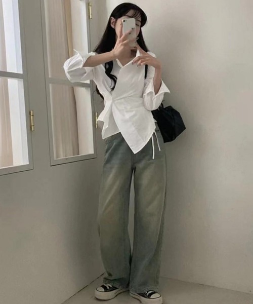 Miniministore(ミニミニストア)の「長袖ラップブラウス カシュクール春服秋服(シャツ/ブラウス・レディース・ホワイト/ブルー・M/L)」の10枚目の写真