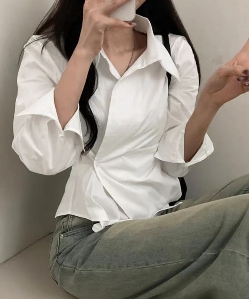Miniministore(ミニミニストア)の「長袖ラップブラウス カシュクール春服秋服(シャツ/ブラウス・レディース・ホワイト/ブルー・M/L)」の12枚目の写真