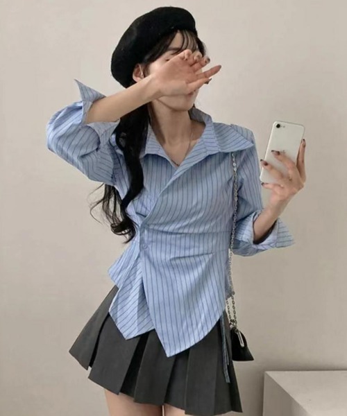Miniministore(ミニミニストア)の「長袖ラップブラウス カシュクール春服秋服(シャツ/ブラウス・レディース・ホワイト/ブルー・M/L)」の13枚目の写真