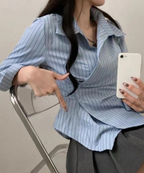 Miniministore(ミニミニストア)の「長袖ラップブラウス カシュクール春服秋服(シャツ/ブラウス・レディース・ホワイト/ブルー・M/L)」の14枚目の写真