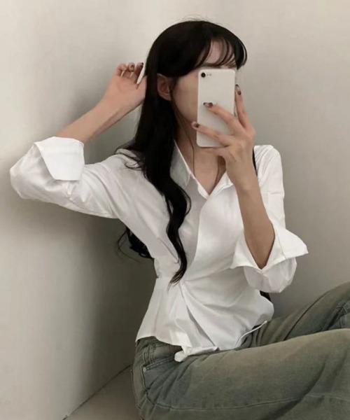 Miniministore(ミニミニストア)の「長袖ラップブラウス カシュクール春服秋服(シャツ/ブラウス・レディース・ホワイト/ブルー・M/L)」の16枚目の写真