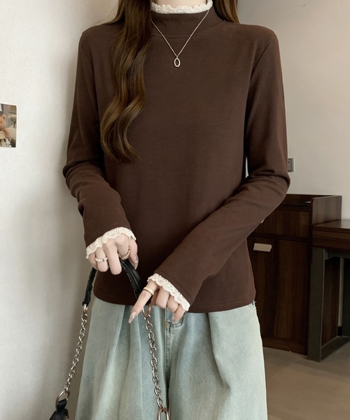 2ly2（トゥーリートゥー）の「レースネック ハイネック長袖トップス（Tシャツ/カットソー・レディース・ブラウン/ベージュ/ブラック/グレー・FREE）」の4枚目の写真