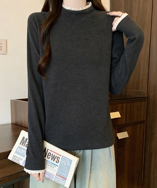 2ly2（トゥーリートゥー）の「レースネック ハイネック長袖トップス（Tシャツ/カットソー・レディース・ブラウン/ベージュ/ブラック/グレー・FREE）」の3枚目の写真