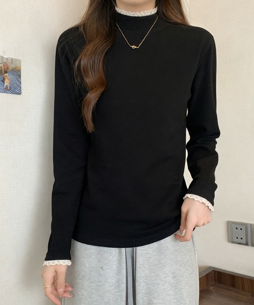 2ly2（トゥーリートゥー）の「レースネック ハイネック長袖トップス（Tシャツ/カットソー・レディース・ブラウン/ベージュ/ブラック/グレー・FREE）」の2枚目の写真