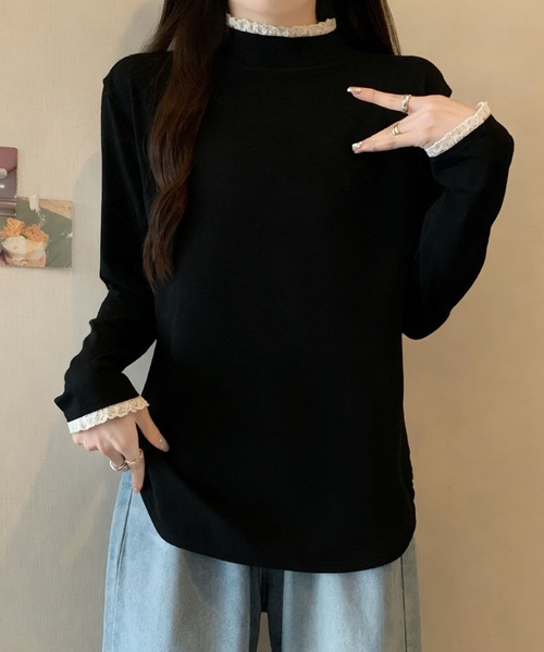 2ly2（トゥーリートゥー）の「レースネック ハイネック長袖トップス（Tシャツ/カットソー・レディース・ブラウン/ベージュ/ブラック/グレー・FREE）」の5枚目の写真