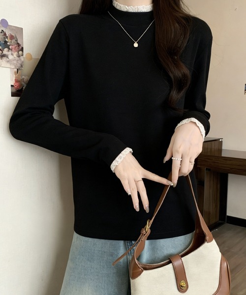 2ly2（トゥーリートゥー）の「レースネック ハイネック長袖トップス（Tシャツ/カットソー・レディース・ブラウン/ベージュ/ブラック/グレー・FREE）」の6枚目の写真
