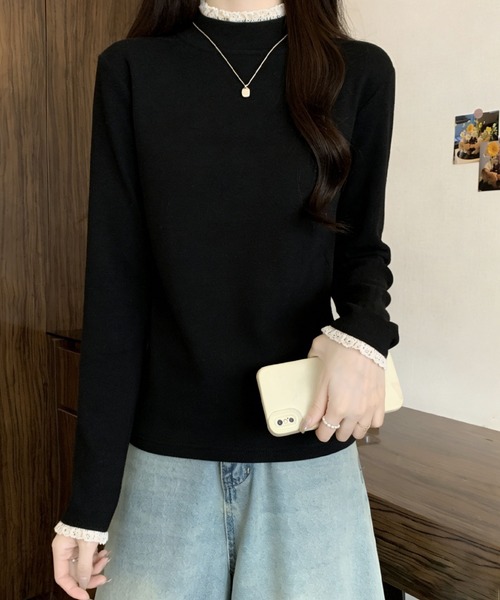 2ly2（トゥーリートゥー）の「レースネック ハイネック長袖トップス（Tシャツ/カットソー・レディース・ブラウン/ベージュ/ブラック/グレー・FREE）」の7枚目の写真