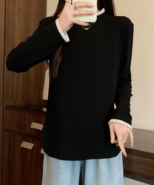 2ly2（トゥーリートゥー）の「レースネック ハイネック長袖トップス（Tシャツ/カットソー・レディース・ブラウン/ベージュ/ブラック/グレー・FREE）」の8枚目の写真