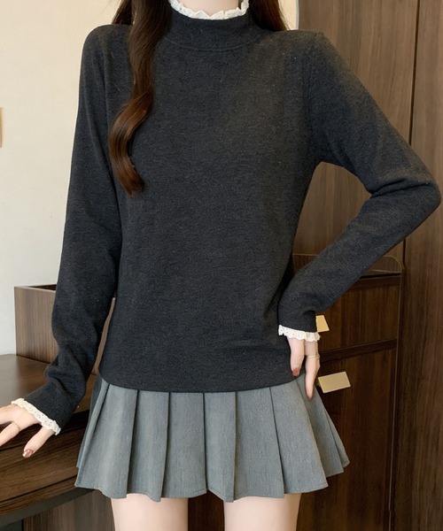 2ly2（トゥーリートゥー）の「レースネック ハイネック長袖トップス（Tシャツ/カットソー・レディース・ブラウン/ベージュ/ブラック/グレー・FREE）」の9枚目の写真