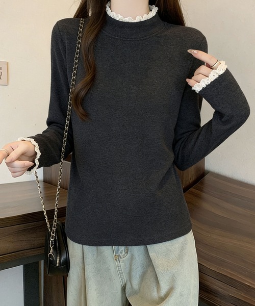 2ly2（トゥーリートゥー）の「レースネック ハイネック長袖トップス（Tシャツ/カットソー・レディース・ブラウン/ベージュ/ブラック/グレー・FREE）」の10枚目の写真