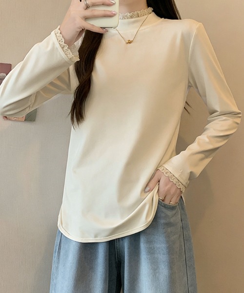 2ly2（トゥーリートゥー）の「レースネック ハイネック長袖トップス（Tシャツ/カットソー・レディース・ブラウン/ベージュ/ブラック/グレー・FREE）」の12枚目の写真