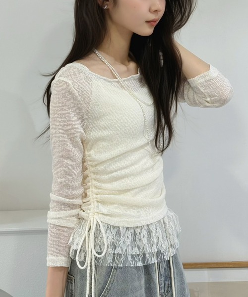 Jewelobe(ジュエローブ)の「シアーニット×レースフリルドロストトップス(Tシャツ/カットソー・レディース・グレー/アイボリー・FREE)」の5枚目の写真