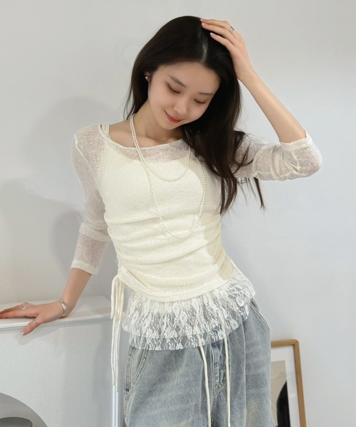 Jewelobe(ジュエローブ)の「シアーニット×レースフリルドロストトップス(Tシャツ/カットソー・レディース・グレー/アイボリー・FREE)」の7枚目の写真