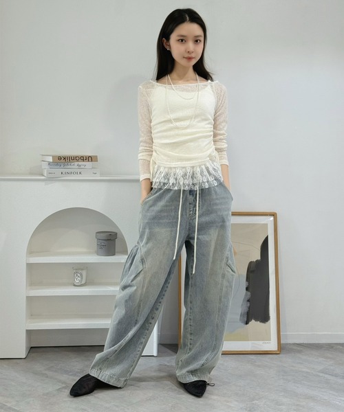Jewelobe(ジュエローブ)の「シアーニット×レースフリルドロストトップス(Tシャツ/カットソー・レディース・グレー/アイボリー・FREE)」の8枚目の写真