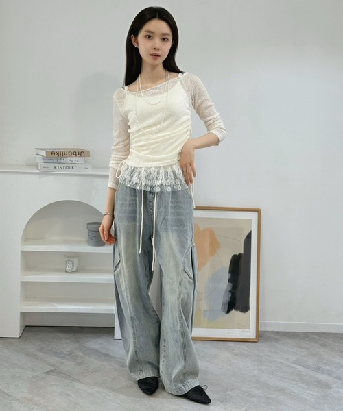 Jewelobe(ジュエローブ)の「シアーニット×レースフリルドロストトップス(Tシャツ/カットソー・レディース・グレー/アイボリー・FREE)」の9枚目の写真