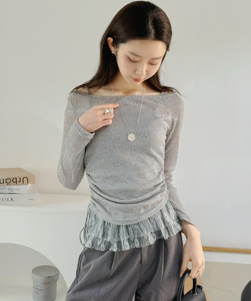 Jewelobe(ジュエローブ)の「シアーニット×レースフリルドロストトップス(Tシャツ/カットソー・レディース・グレー/アイボリー・FREE)」の17枚目の写真