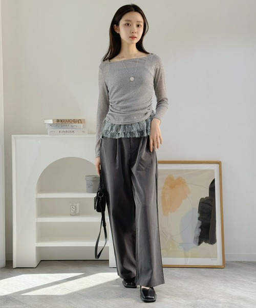 Jewelobe(ジュエローブ)の「シアーニット×レースフリルドロストトップス(Tシャツ/カットソー・レディース・グレー/アイボリー・FREE)」の19枚目の写真
