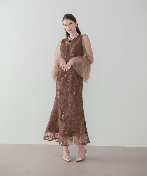 Leja(レジャ)の「【LEJA】ビジューネックスパンコールチュールフレアスリーブマーメイドワンピースドレス美脚効果結婚式 パーティードレス 成人式 二次会 同窓会 お呼ばれ オケージョン 20代 30代(ドレス・レディース・ブラウン/グレイッシュブルー・SMALL/MEDIUM)」の16枚目の写真