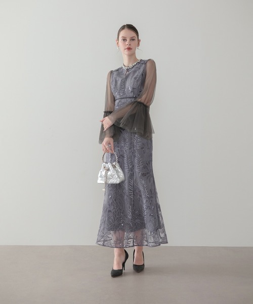 Leja(レジャ)の「【LEJA】ビジューネックスパンコールチュールフレアスリーブマーメイドワンピースドレス美脚効果結婚式 パーティードレス 成人式 二次会 同窓会 お呼ばれ オケージョン 20代 30代(ドレス・レディース・ブラウン/グレイッシュブルー・SMALL/MEDIUM)」の4枚目の写真